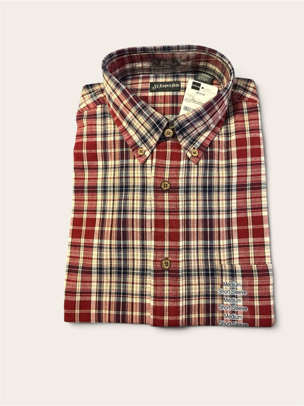 St. John's Bay Red Plaid Button-Down Shirt with Navy & Cream Accents